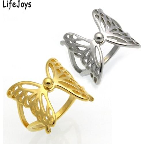Stainless Steel Butterfly Ring Gold For Women Hollow Wings Jewelry Finger Accessories New Fashion Female Gift Size 6 7 8 9