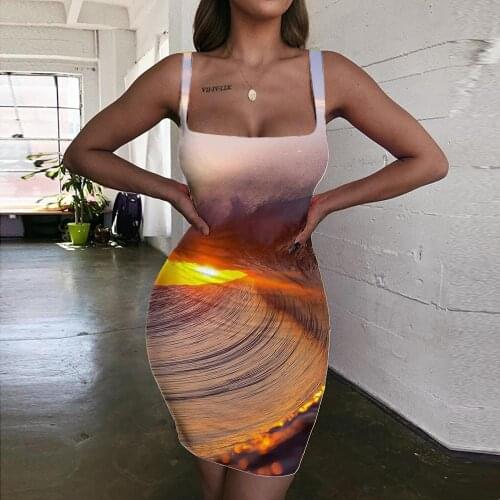 Giyu Brand Waves Dresses Women Sunset Vestido Sexy Landscape Halter Sleeveless Womens Clothing Mini Evening Vintage Boho Fashion