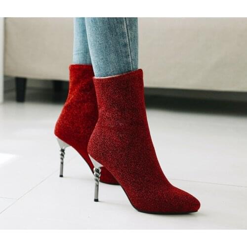 Sequined Cloth Metal Stiletto Heel Winter Warm Short Boots, Pointed Super High Heel Sexy Sequin Women Ankle Boots