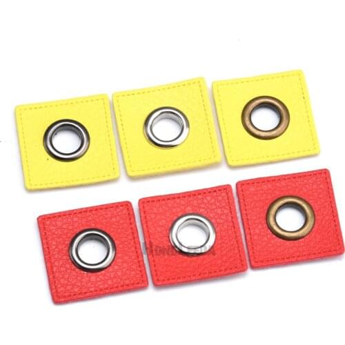 30pcs/lot 27mm square Red/Yellow PU leather sew on Badges patch labels + inner 8mm metal brass eyelets grommets free ship
