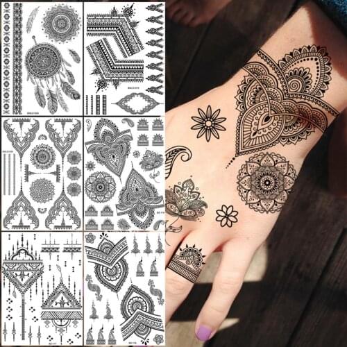 Black Boho Indian Henna Temporary Tattoos For Women Adults Realistic Dream Catcher Lace Feather Fake Tattoo Sticker Hand Tatoos