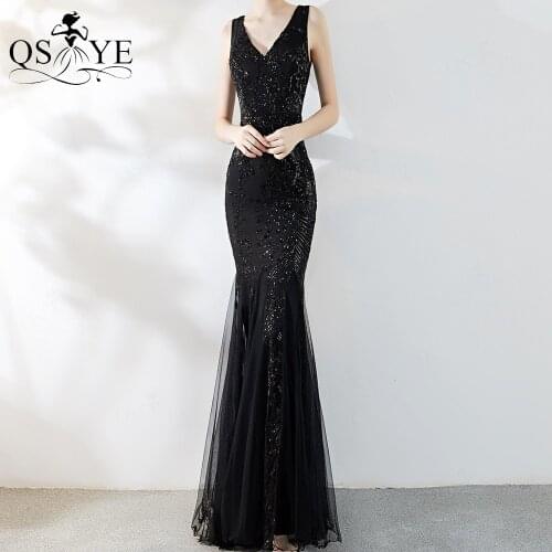 Double-V Neck Black Mermaid Evening Dress Tulle Lace Prom Gown Appliques Formal Party Dress Vestido de festa Vintage Sleeveless