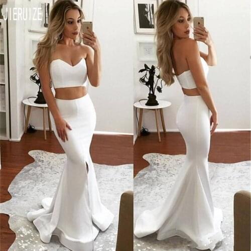 JIERUIZE White Mermaid Evening Dresses Strapless Side Slit Two Pieces Backless Prom Gowns Satin Formal Dresses robe de soiree