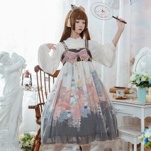 Preppy style student Chinese Hanfu retro sweet lolita victorian cute printing kawaii girl loli cos gothic lolita kimono cosplay
