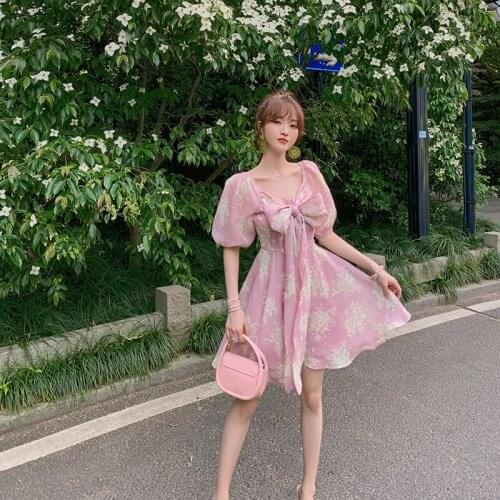 Korean Fashion Floral Print Fashion Wrap Mini Dress 2021 Summer Holiday Ruffles Sundress Sweet Womens Dress Short Sleeve Dress