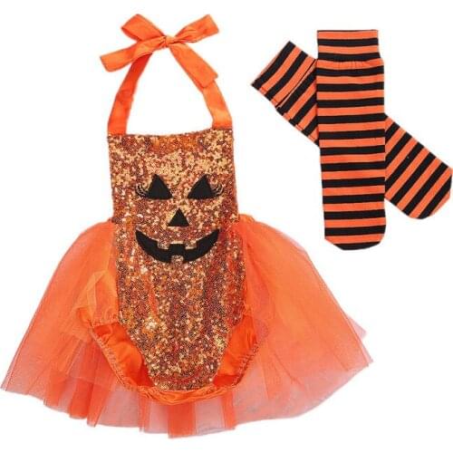 0-24M Baby Girl Lovely Halloween Costume Cute Pumpkin Face Sequin Halter Romper Tutu Dress Striped Socks Girls 2PCS Outfits
