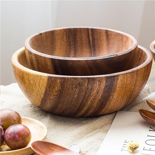 Solid Wood Tableware Japanese Style Wood Color Round 13-20cm Salad Bowl Cutlery Set Household Kitchen Supplies Dinnerware