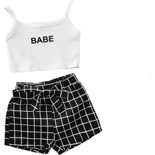 2021 Summer Kids Baby Girl Sleeveless Camisole Tops Plaid Bow Shorts Pant Bottom 2PCS Girls Clothing Set