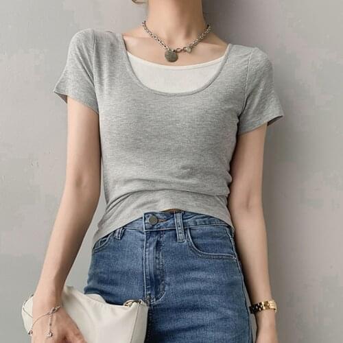 LJSXLS 2021 Summer Fake Two-piece Womens T-shirt Slim Short Sleeve Tshirts Cotton O-Neck Top Solid All-match Tee Shirt Female