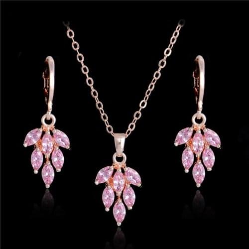 SHUANGR New Wedding Jewellery Set Gold Color Pink Cubic Zirconia Charming Leaf Necklace Earrings For Women Bridal Jewelry Sets