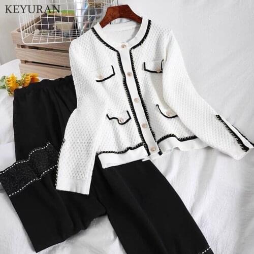 2021 Autumn Winter Knitted Cardigan and Wed Leg Pants 2 Piece Set Women Sweater Cardigan + Straight Pants Suit Two Piece Sets