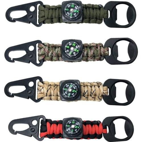 Outdoor Keychain Rin Paracord Cord Outdoor Military Paracord Camping Carabiner Survival Emergency Bottle Opener with Compass