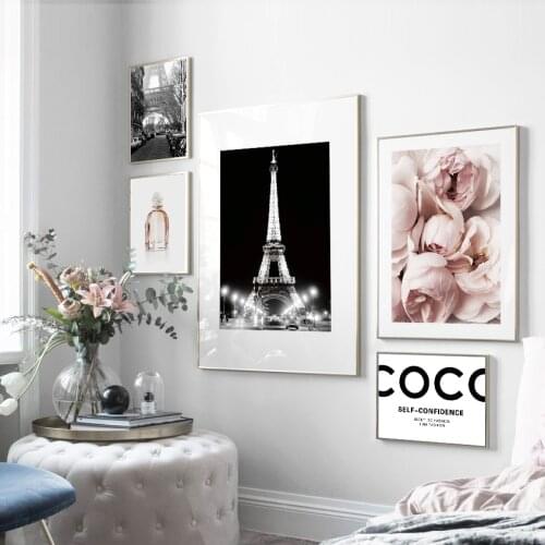 Paris Tower Flower Fashion Perfume Black White Wall Art Canvas Painting Nordic Posters And Prints Wall Pictures For Living Room