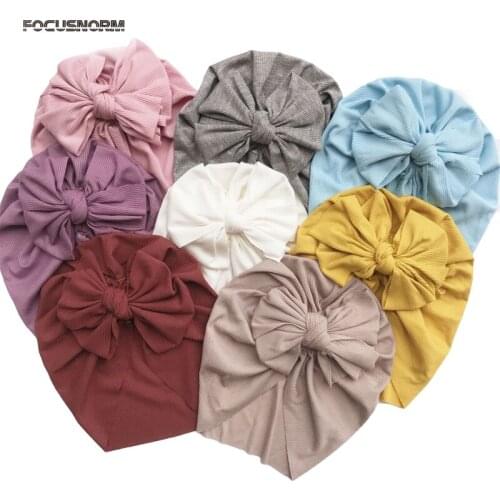 FOCUSNORM Toddler Baby Girls Boys Bow Indian Hat Knitted Rib Cotton Turban Knot Cap Solid Color Headwear