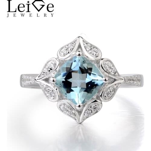 Leige Jewelry Natural Aquamarine Ring Promise Ring March Birthstone 925 Sterling Silver Sky Blue Stone Ring Fine Jewelry Gifts