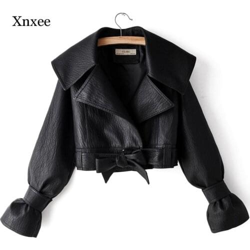 Vintage Casual Women Pu Jacket 2020 Spring Fashion Puff Sleeve Coat White Short Female Jackets Adjustable Waist Bow Girls Coats