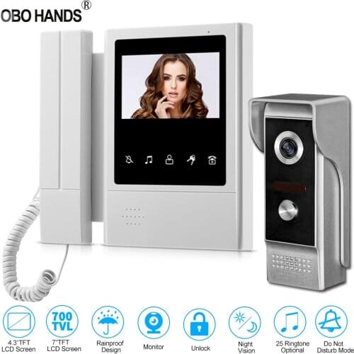 4.3'' TFT Color Wired Video Intercom Door Phone Doorbell System for home 700TVL IR Night Vision Outdoor Camera Metal Waterproof