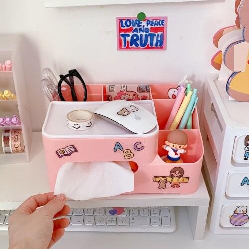 Yisuremia Kawaii Multifunctional Desk Organizer Tissue Storage Box Holder Make-Up Container Office School Stationery Supplies