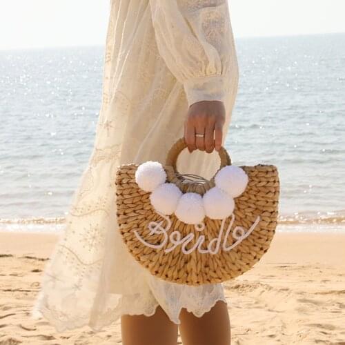 Woman Fashion New Creative Shell Moon Straw Bag Scarf Hair Ball Decoration Straw bag Portable Woven Beach Handbag