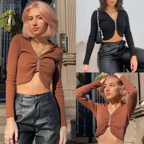 Women Sexy Zip Up Cardigan Sweater Crop Top 2021 Fashion Long Sleeve V-neck Solid Color Ruched Ribbed Knitted Sweater