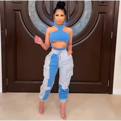 Casual Active Two Piece Set Women Fashion Color Block Spliced Backless Crop Top+high Waist Jogger Sweatpant Workout Sweatsuits