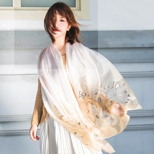 Hot Real Silk Wool Scarf Shawl Female Embroidery Elegant Women Scarves 2020 Spring New Lady Bandana Fashion Trend 9080