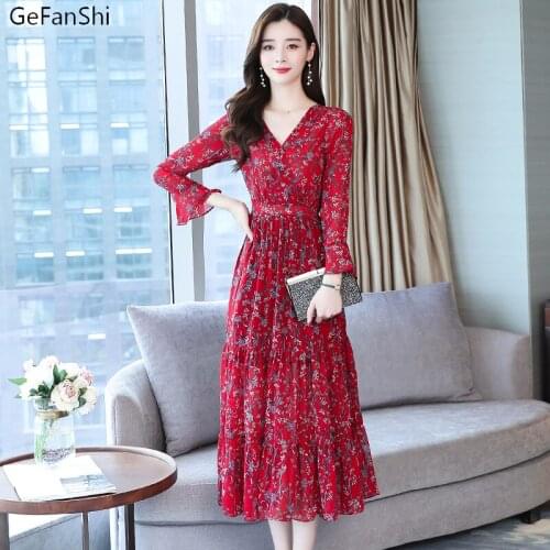 Womens Autumn Vintage Floral V-Neck Loose Chiffon Long Sleeve Dress Elastic Waist Fashion Casual Elegant Long Dresses Sundress