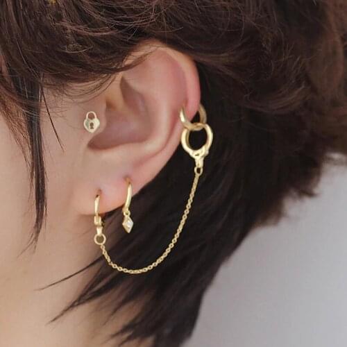 1 Pcs 925 Sterling Silver Double Lock Link Chain Tassel Stud Earrings For Women Girls Party Female Pendientes eh792