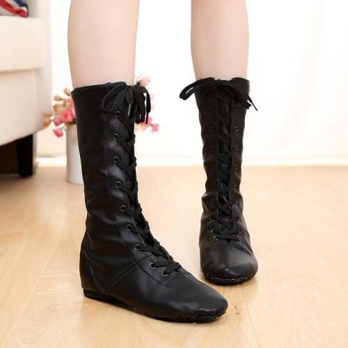 2020 Canvas PU Children Dance Boots New Style Jazz Shoes Lace-ups Long Boot Black Gold Silver Stage Women