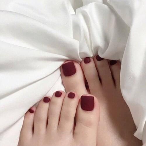 24pcs/box with 2g glue Ladies Cute Cherry Red Matte Fake teonails press on nails Women Fashion Summer Beach Toe Nail Art Tips