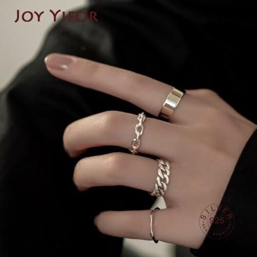 925 Sterling Silver Korean Wide Thin Chain Ring Female INS Simple Handmade Opening Index Finger Fashion Jewelry Couple