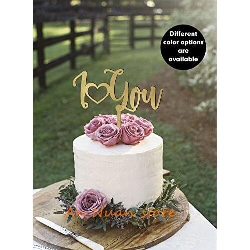 Acrylic Mirror Gold" I love You " Cake Topper,Rustic Wood Wedding Wooden Toppers for Cake Accessory Decorating