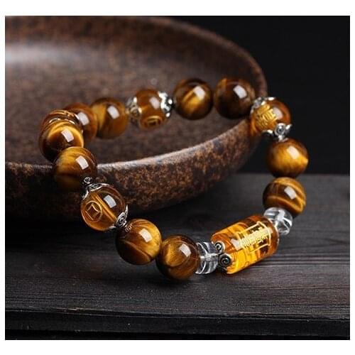 Three Sides God of Wealth Bracelets Men and Women Jewelry Tiger-eye Stone Round Beads Adjustment Lucky Energy Couple Bracelet