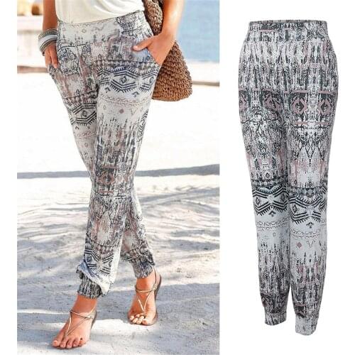 Vintage Harem Pants Women High Waist Printing Trousers Long Pants Boho Beach Pockets Pants Bohemian Floral Print Long Pant