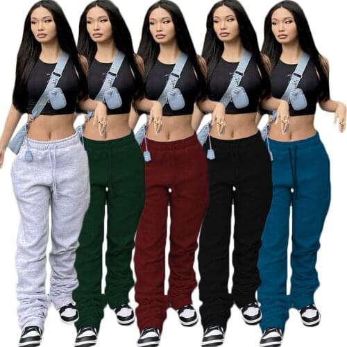 Womens Casual Stacked Pants Ruched Pleated Workout Joggers Trousers with Pockets Fashion Solid High Waist Drawstring Sweatpants