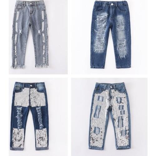 Girlymax Baby Girls Kidswear Outfits Children Cotton Clothes Silvery Sequins Tight Denim Jeans Pants Shorts Elastic All-match