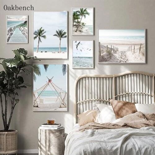 Sea Landscape Canvas Painting Palm Trees Poster Beach Seagulls Wall Print Bridge Posters Nordic Wall Pictures Bedroom Home Decor