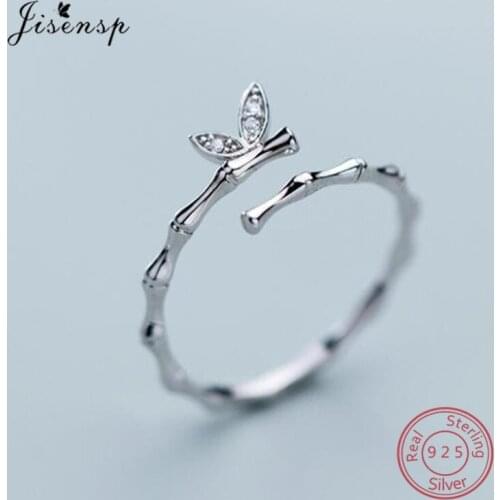 100% 925 Sterling Silver Cute Simple Butterfly Zircon Bamboo Slub Finger Rings for Women Girl Bridesmaid Adjustable Jewelry Ring