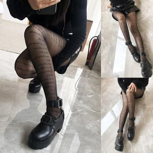 Womens 10 Denier Sexy Transparent Black Pantyhose Handwritten Letters Printed Sheer Nylon Tights Hosiery Patterned Tattos Leggin