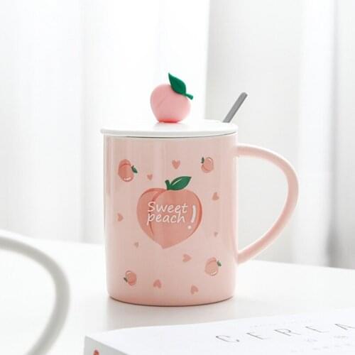 Korean Style Cartoon Mug with Lid and Spoon 301-400ML Cute Pink Kawaii Peach Mug Ins Ceramic Cup Student Milk Water Coffee Cup