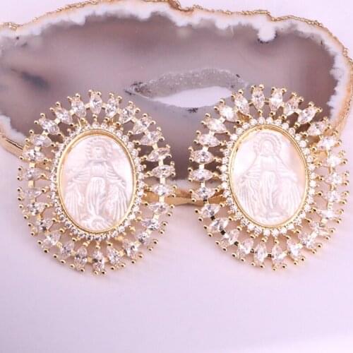 3Pcs Cubic Zirconia Micro Pave Jesus /Mary Charm Pendant for Necklace, White Shell Oval Shaped Religious Charm, Gold Color