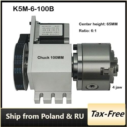 Chuck 100MM 4 Jaw Hollow Shaft K5M-6-100B CNC Dividing Head 4th Axis Rotation 6:1 for Mini CNC Engraving Machine