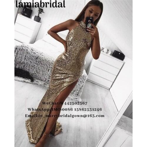 Sparkly Gold Sequined Mermaid Prom Dresses 2019 High Neck Side Split Plus Size Cheap Arabic 2K19 Vestidos De Fiesta Largos