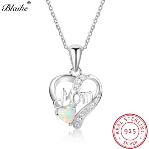 Blaike Solid S925 Sterling Silver Letters Pendants White Fire Opal Heart Birthstone Necklaces For Women Fine Jewelry Mom Choker
