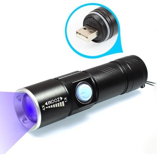 Portable Mini UV Flashlight USB Rechargeable 395nm Purple Light Torch Zoomable UV Flashlight For Fluorescent Agent Detection
