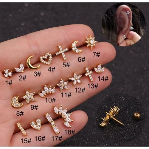 1pc Cz Star Moon Flower Stud Earrings for Women Love Heart Ear Bone Tragus Rook Conch Helix Piercing Cartilage Labret Jewelry