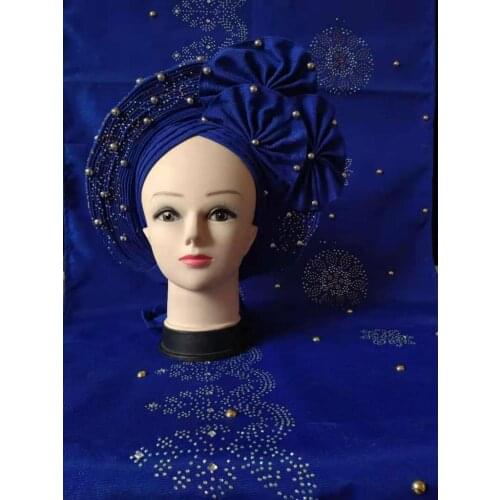 Blue Nigerian Gele Headtie With Beads Already Made Auto Hele Turban Cap African Aso Ebi Gele Aso Oke Headtie With Shawl Beads KK