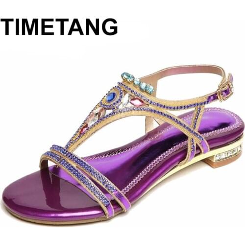 TIMETANG 2021Summer New Bohemia Wedge Women Sandals Rhinestone Woman Flip Flops Genuine Leather Women Shoes Beach