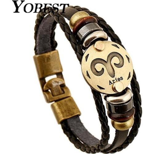YOBEST 12 Constellations Bracelet Fashion Jewelry Leather Bracelet Men Casual Personality Zodiac Signs Punk Bracelet