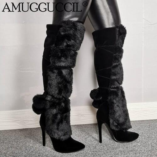 2020 New Plus Big Size 35-47 Black Lace Up Fur Fashion Over The knee High Heel Female Lady Winter Warm Women Snow Boots X1917